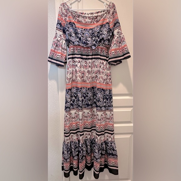 Eliza J Off Shoulder 1/2 Bell Sleeves Floral Paisley Maxi Dress w Tie Waist - Picture 2 of 9